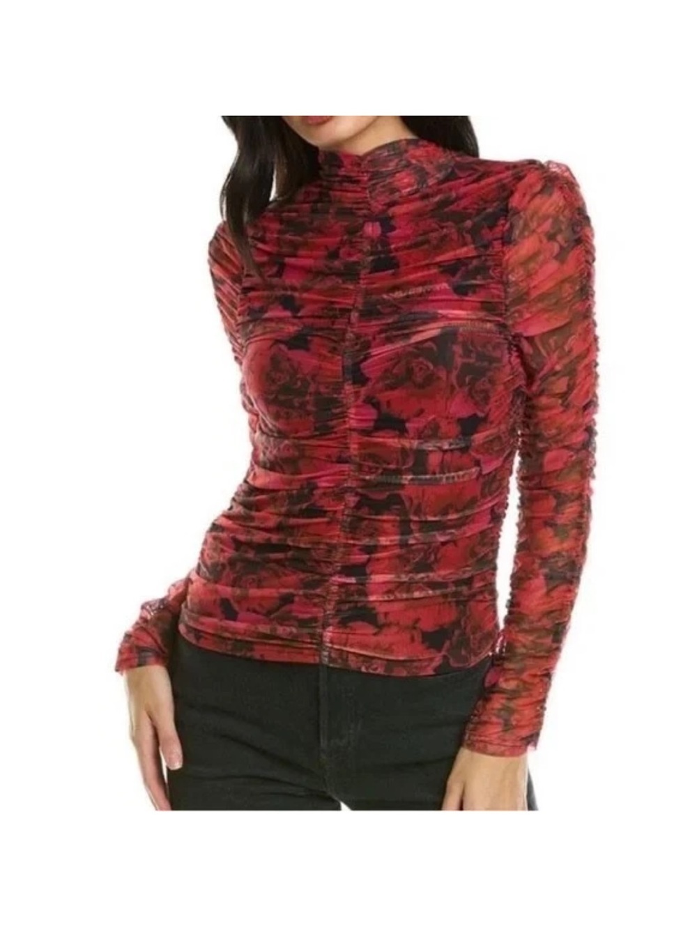 Bagatelle Collection Top L Ruched Long Sleeve Floral Black Red Sheer